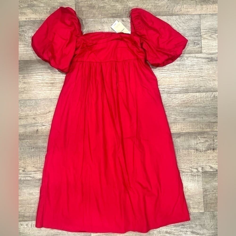 Mango Red Poplin Midi Dress NWT Off Shoulder Puff Sleeve Cotton Size 6 - Picture 15 of 16